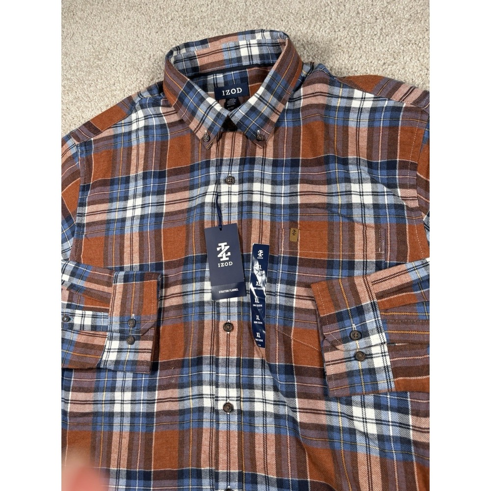 IZOD Stratton Flannel Shirt Mens XL Long Sleeve Orange Blue Plaid Button Up
